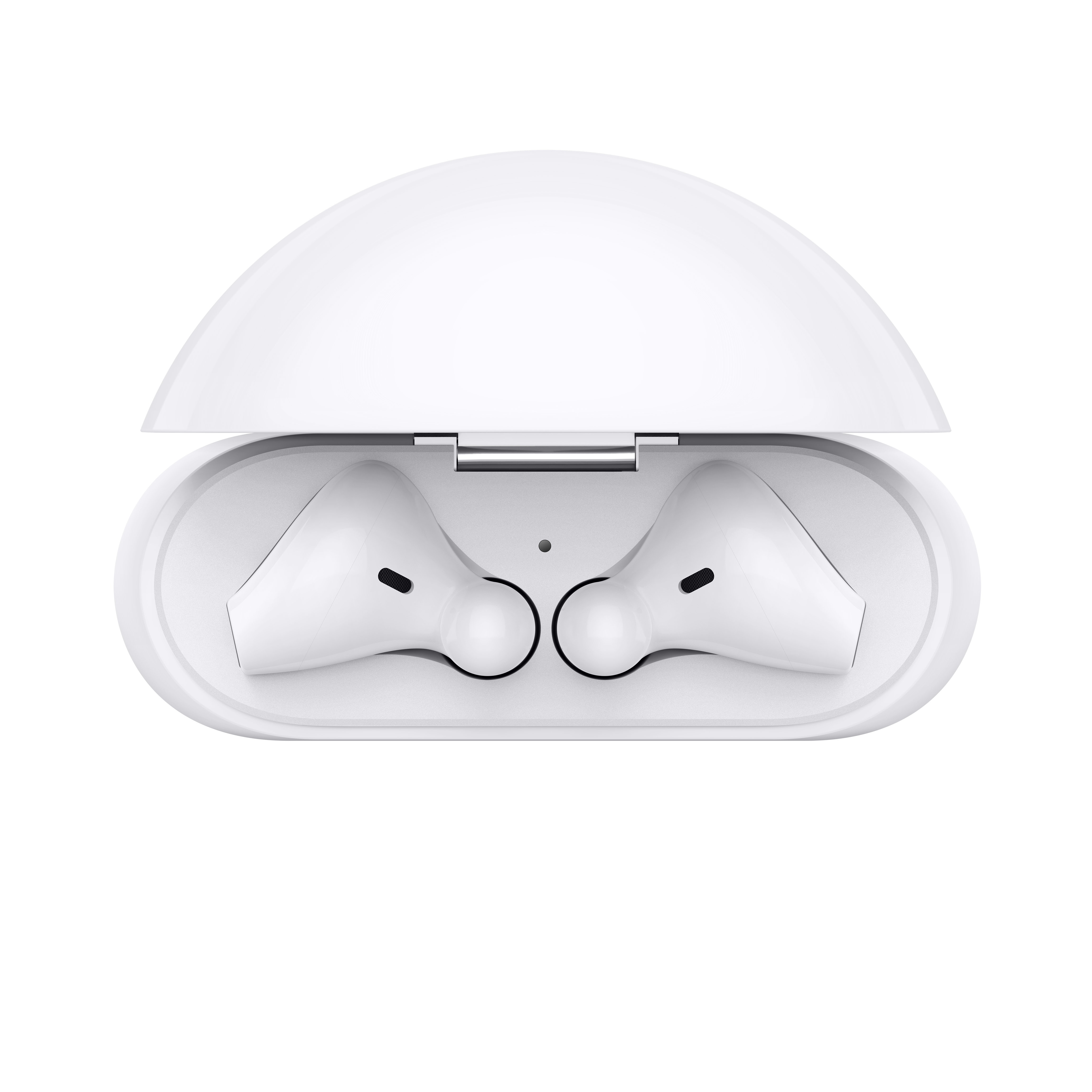 Auriculares blancos dentro de un estuche de carga blanco abierto. Vista superior.