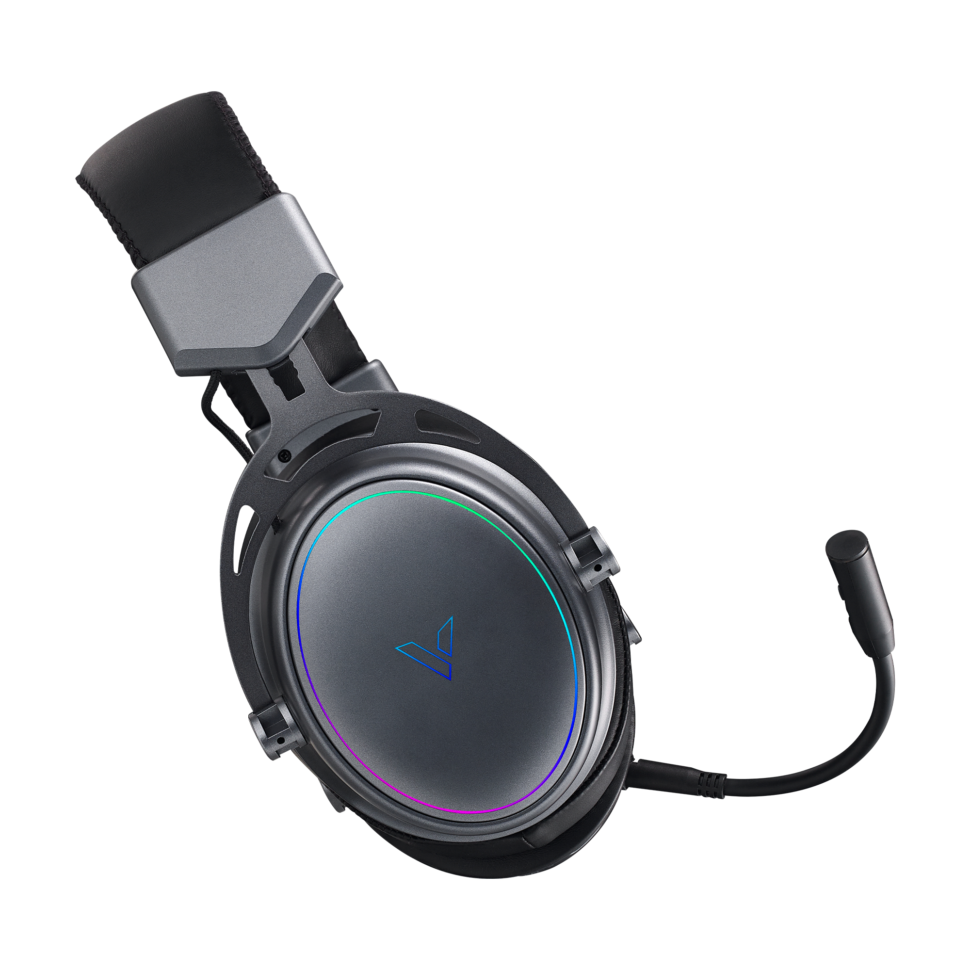 Graues Gaming-Headset mit Mikrofon, angewinkelt, weißer Hintergrund.