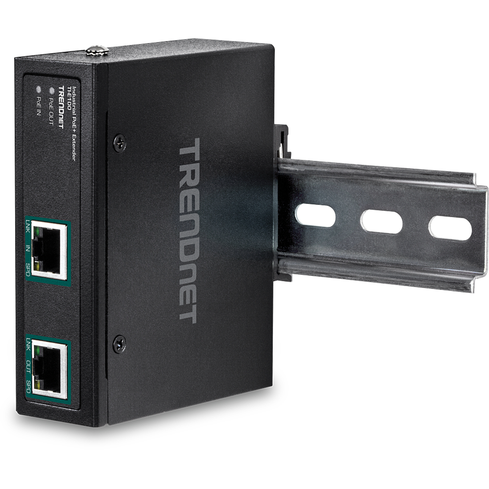 Zwarte TRENDnet Industrial PoE+ Extender met poorten, labels en metalen montagebeugel.