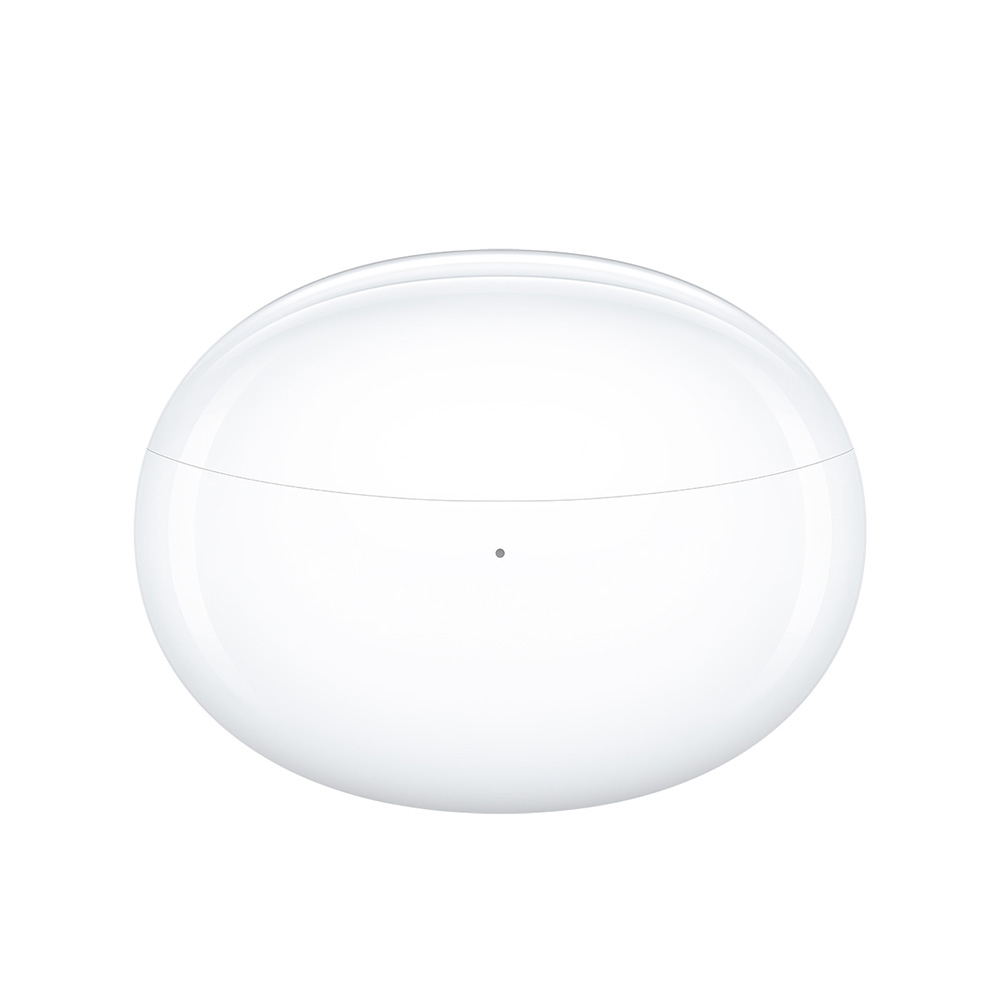 Weißes, oval geformtes Ladecase mit einem kleinen Punkt auf der Oberfläche. Es ist auf weißem Hintergrund.