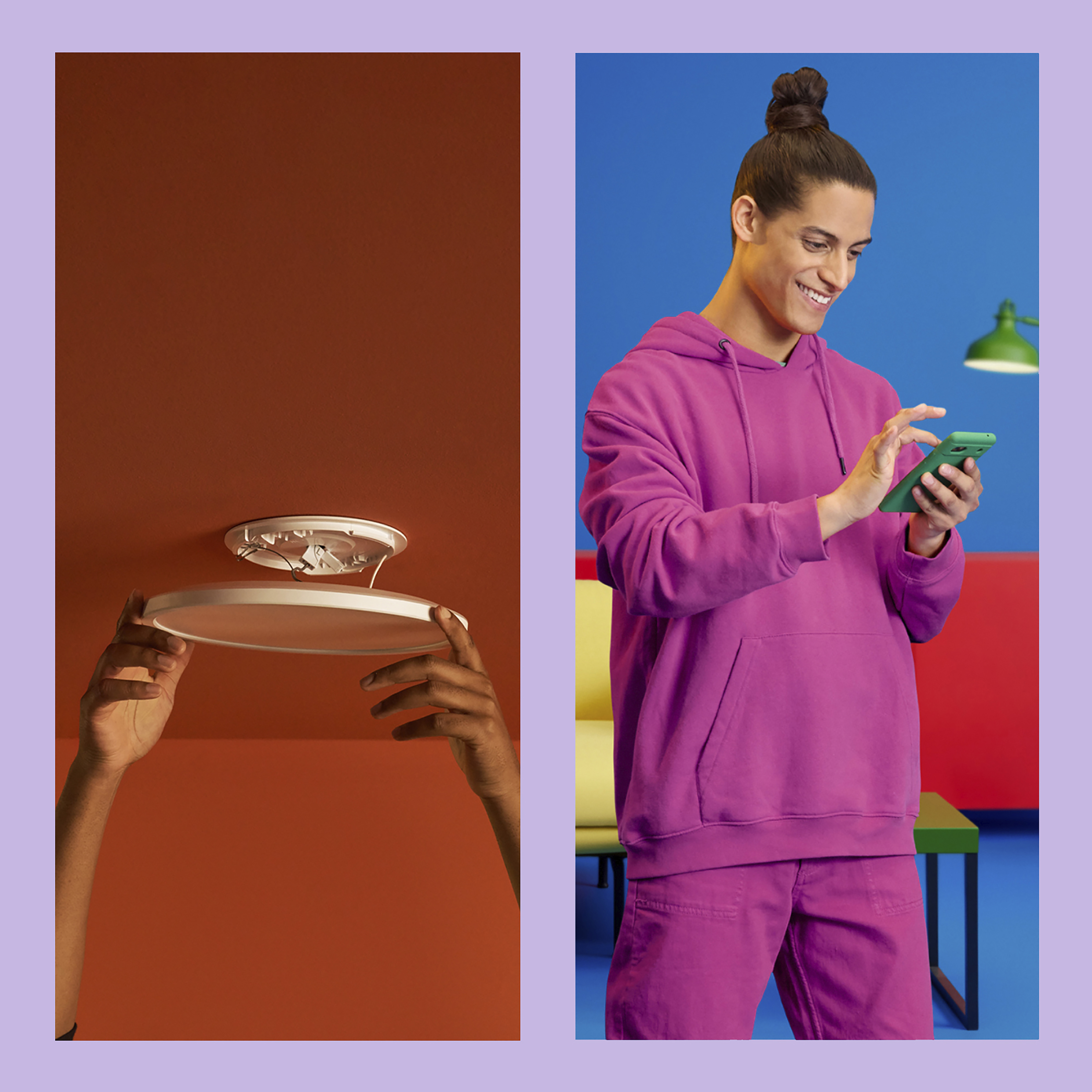 Een persoon installeert een plafondlamp. Een andere persoon gebruikt een telefoon, met een paarse hoodie.