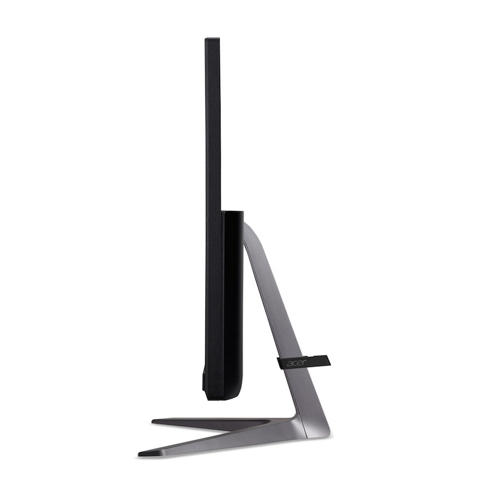 Widok z boku monitora Acer na białym tle. Ma czarny ekran, srebrną podstawę i logo Acer.