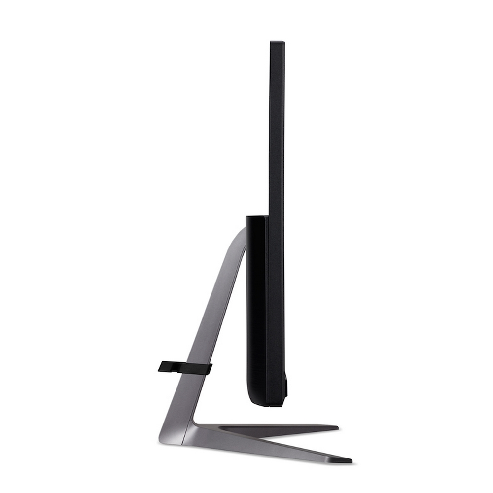 Widok z boku monitora komputera ze srebrną podstawką, na białym tle.