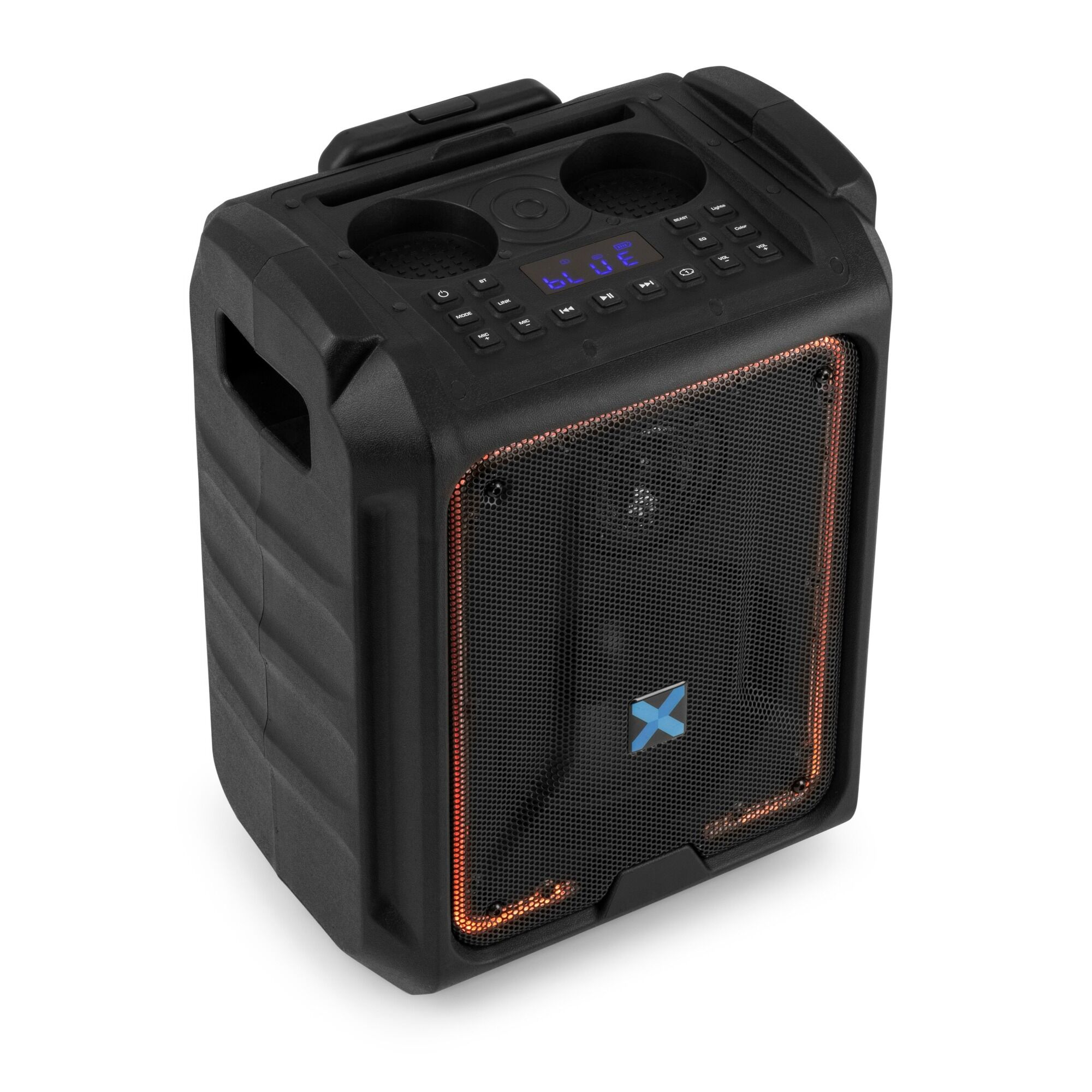 Zwarte speaker met oranje accenten en een blauw 'X' logo. Bediening bovenop.