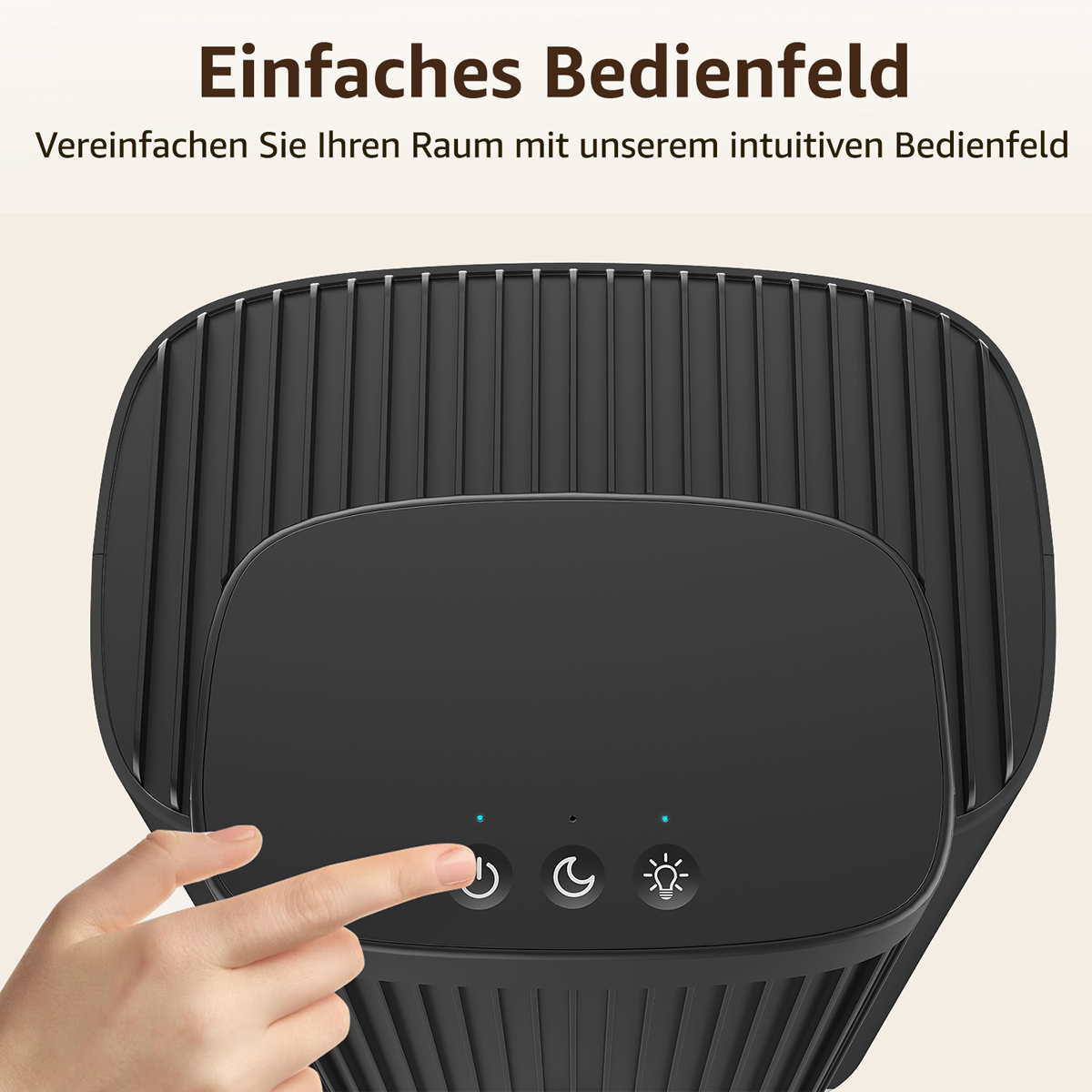 Ein schwarzes Gerät mit Touchpanel, Ein-/Aus-Taste und Nachtlichtsymbol. Das Gerät ist abgewinkelt.