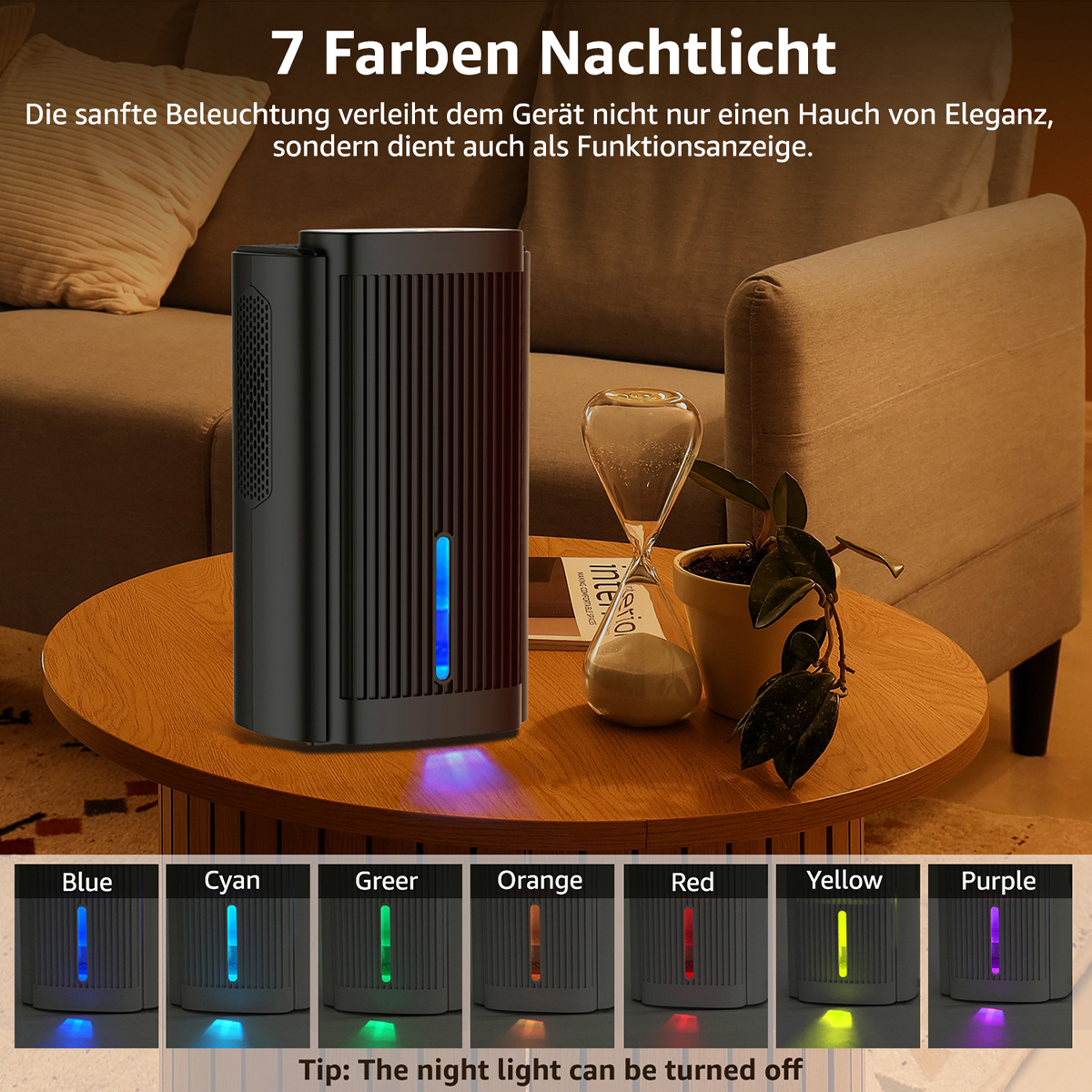 Ein schwarzes Gerät mit farbwechselnden Lichtern und einer Couch.