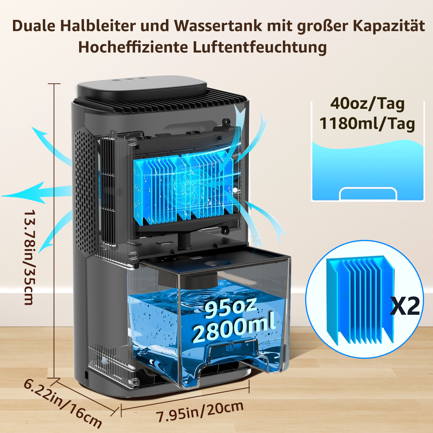 Ein schwarzer Luftentfeuchter mit Abmessungen und Wasseraufnahmekapazität.
