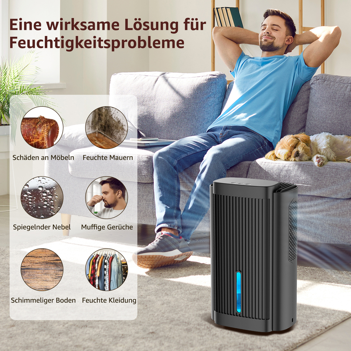 Ein Mann sitzt auf einem Sofa neben einem Luftentfeuchter. Verschiedene Bilder von Feuchtigkeitsproblemen werden gezeigt.