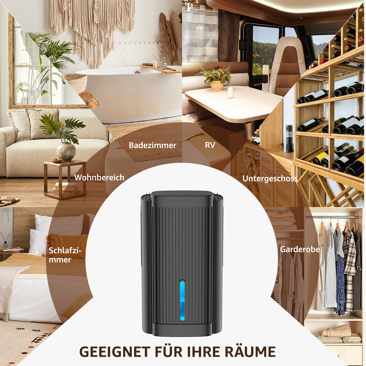Ein Luftreiniger in verschiedenen Räumen, darunter Wohnzimmer, Schlafzimmer und Badezimmer.