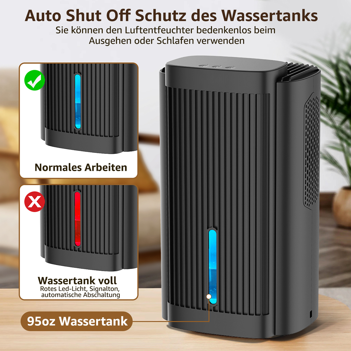 Schwarzer Luftbefeuchter mit Lichtern. Ein Bild zeigt Normalbetrieb mit blauem Licht, ein anderes voll mit Rot.