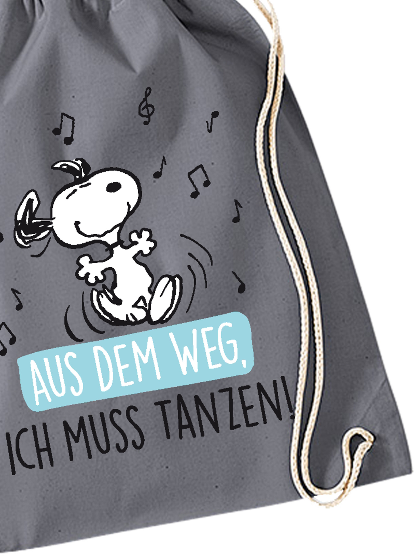 Snoopy-Tasche mit tanzendem Snoopy und Noten. Text: Ich muss tanzen!