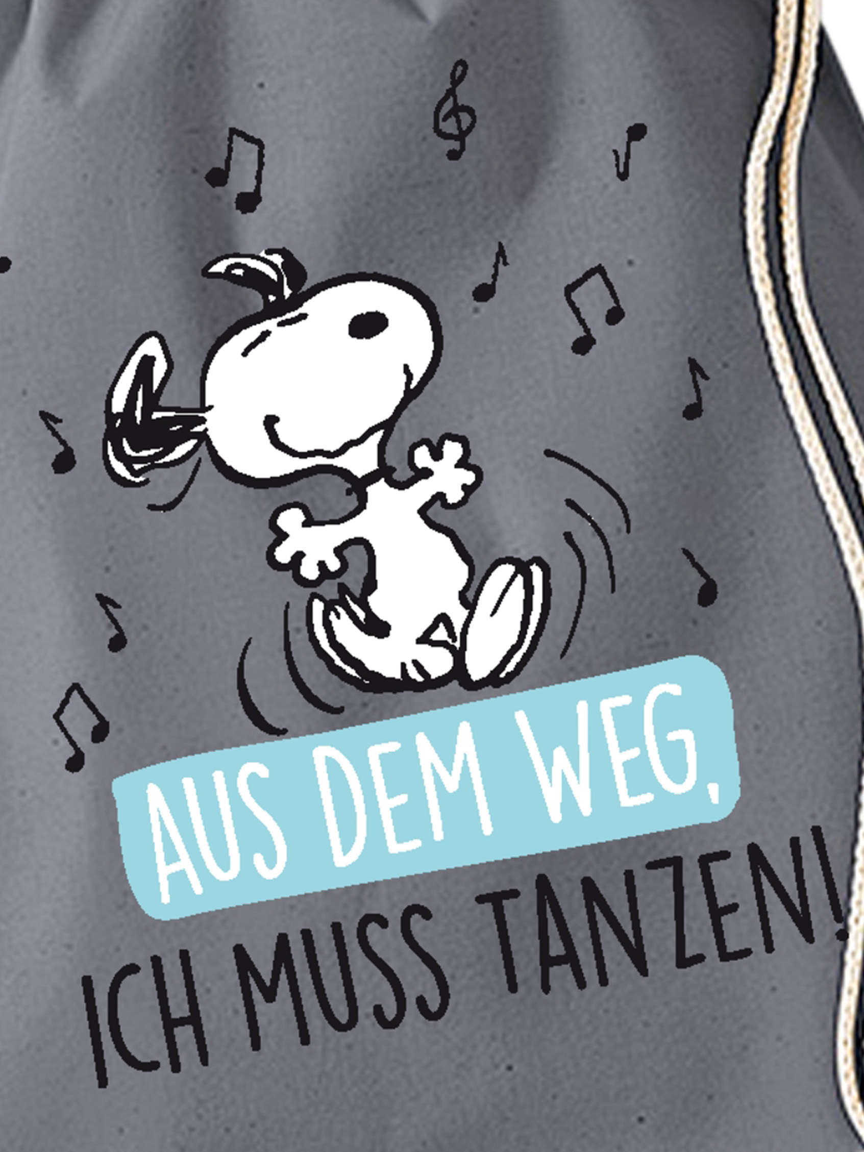 Snoopy tanzt mit Noten um sich herum auf grauem Hintergrund. Text: „AUS DEM WEG, ICH MUSS TANZEN!“