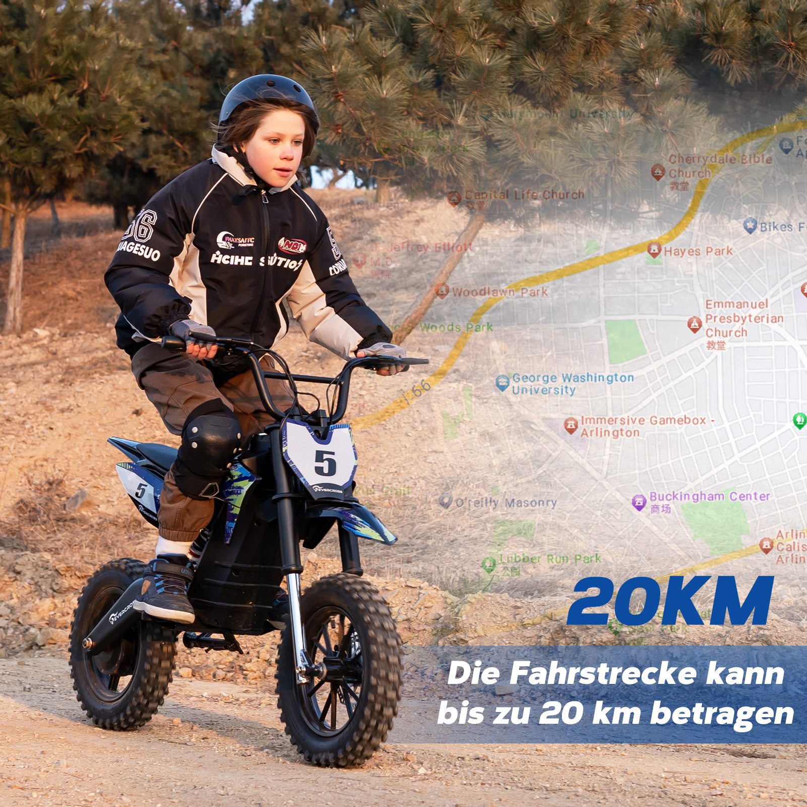 Junge fährt Mini-Dirtbike auf einem Trail, mit Kartenhintergrund und dem Text 20KM.