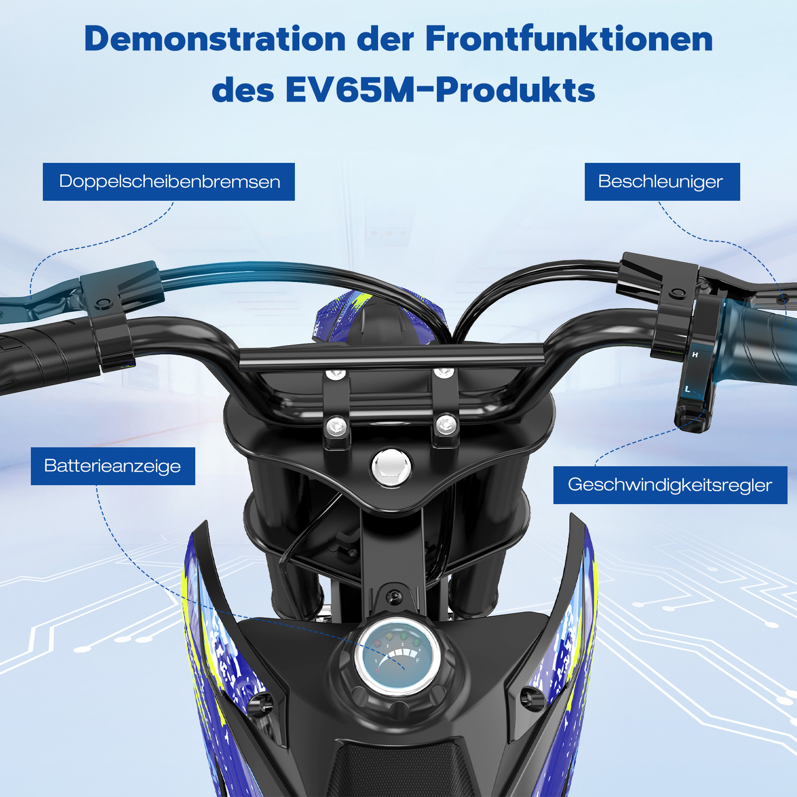 Nahaufnahme des Lenkers und der Bedienelemente eines Rollers, beschriftet auf Deutsch. Blau, Schwarz und Weiß.