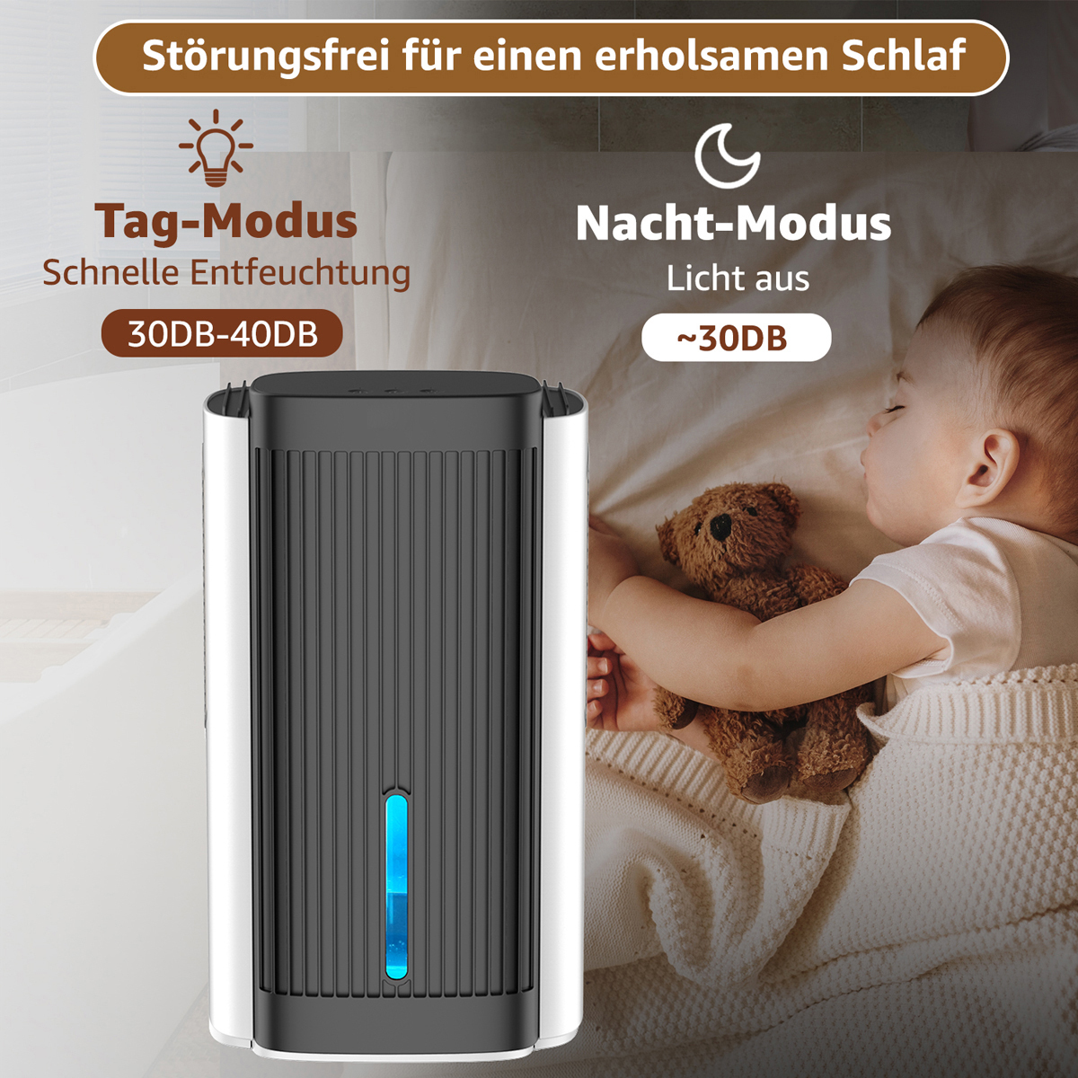 Weißer und schwarzer Luftentfeuchter. Text zeigt Tag- und Nachtmodus. Ein Baby schläft im Hintergrund.