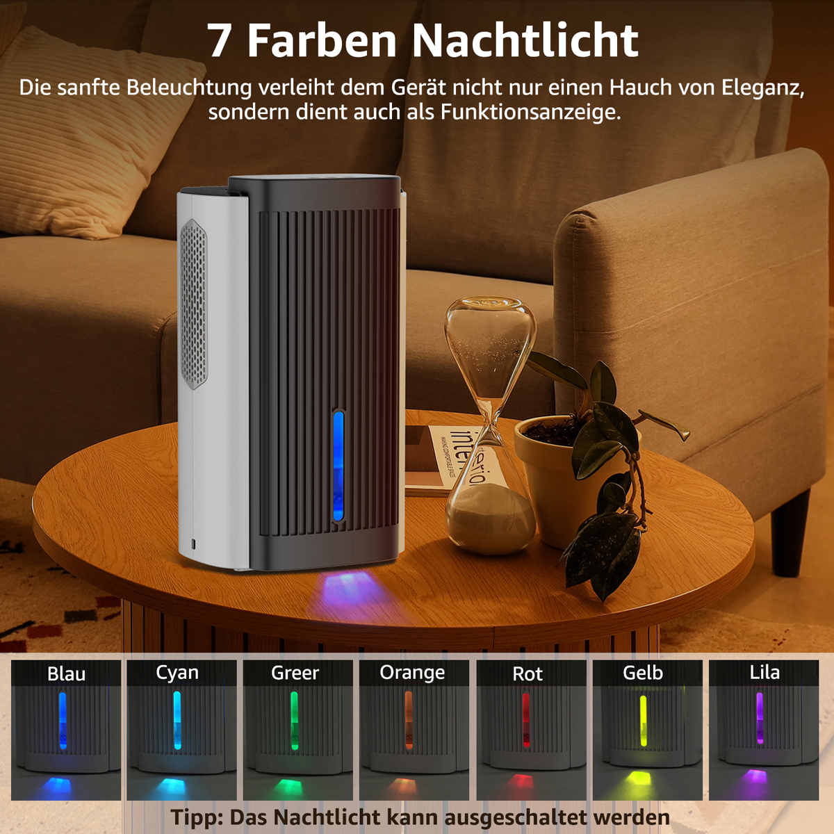 Ein weißes und schwarzes Nachtlicht mit blauem Licht, das von unten emittiert, und Farboptionen.