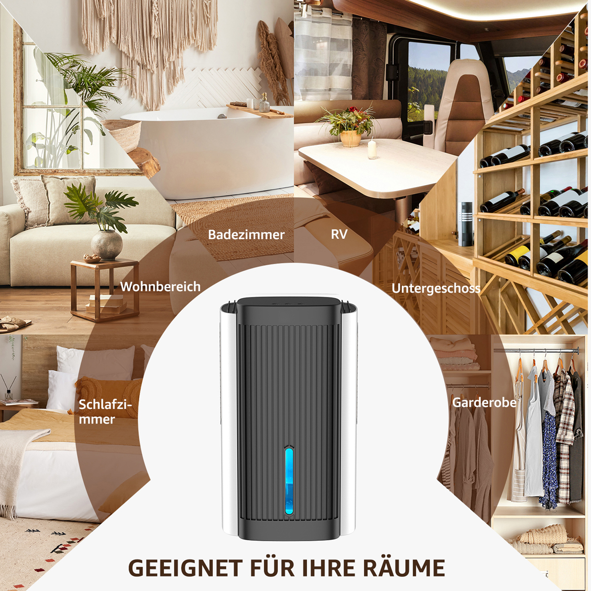 Mehrere Bilder, die Räume und ein Gerät zeigen. Weißer Hintergrund.