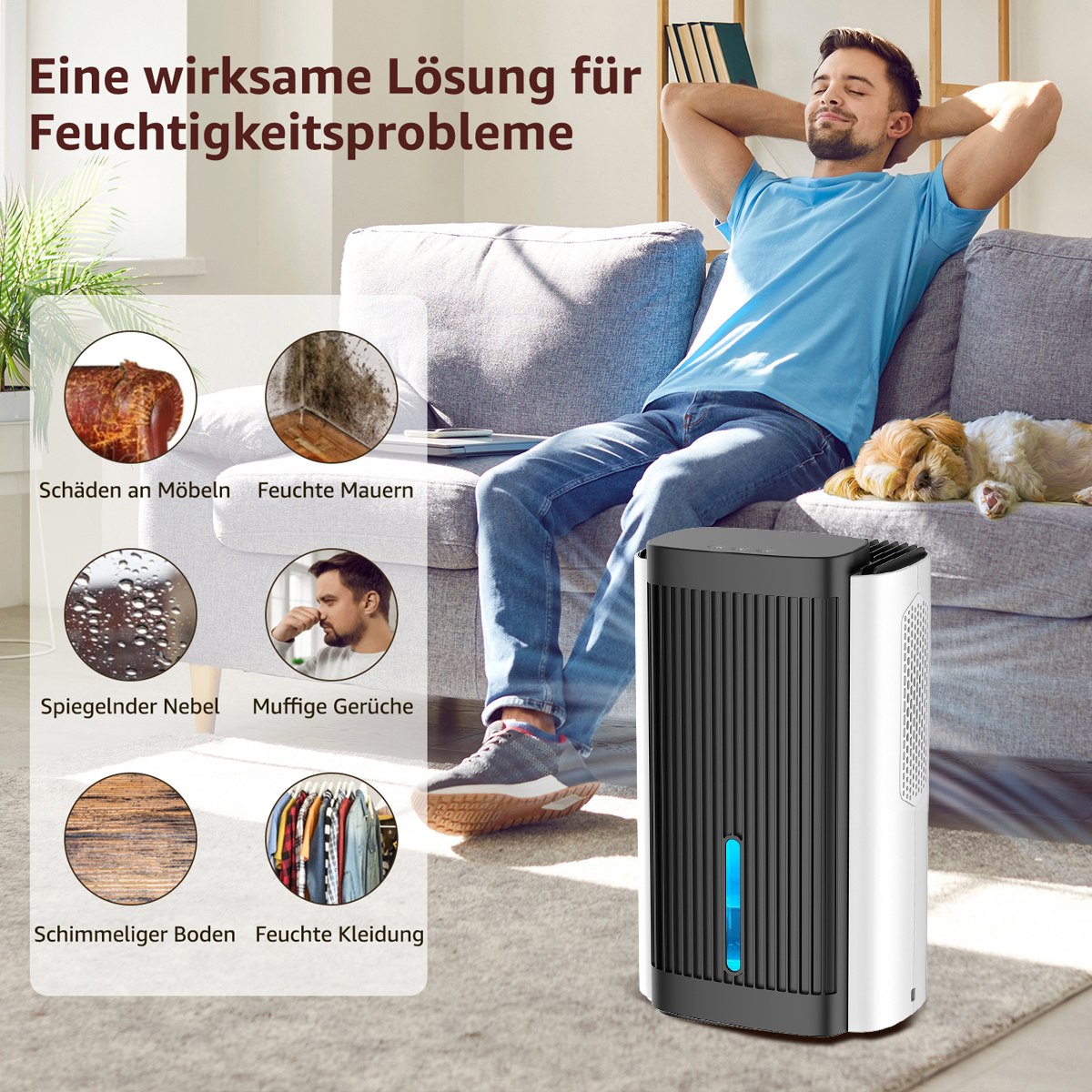 Ein Mann und ein Hund in einem Wohnzimmer mit einem Luftentfeuchter. Deutscher Text beschreibt Probleme.