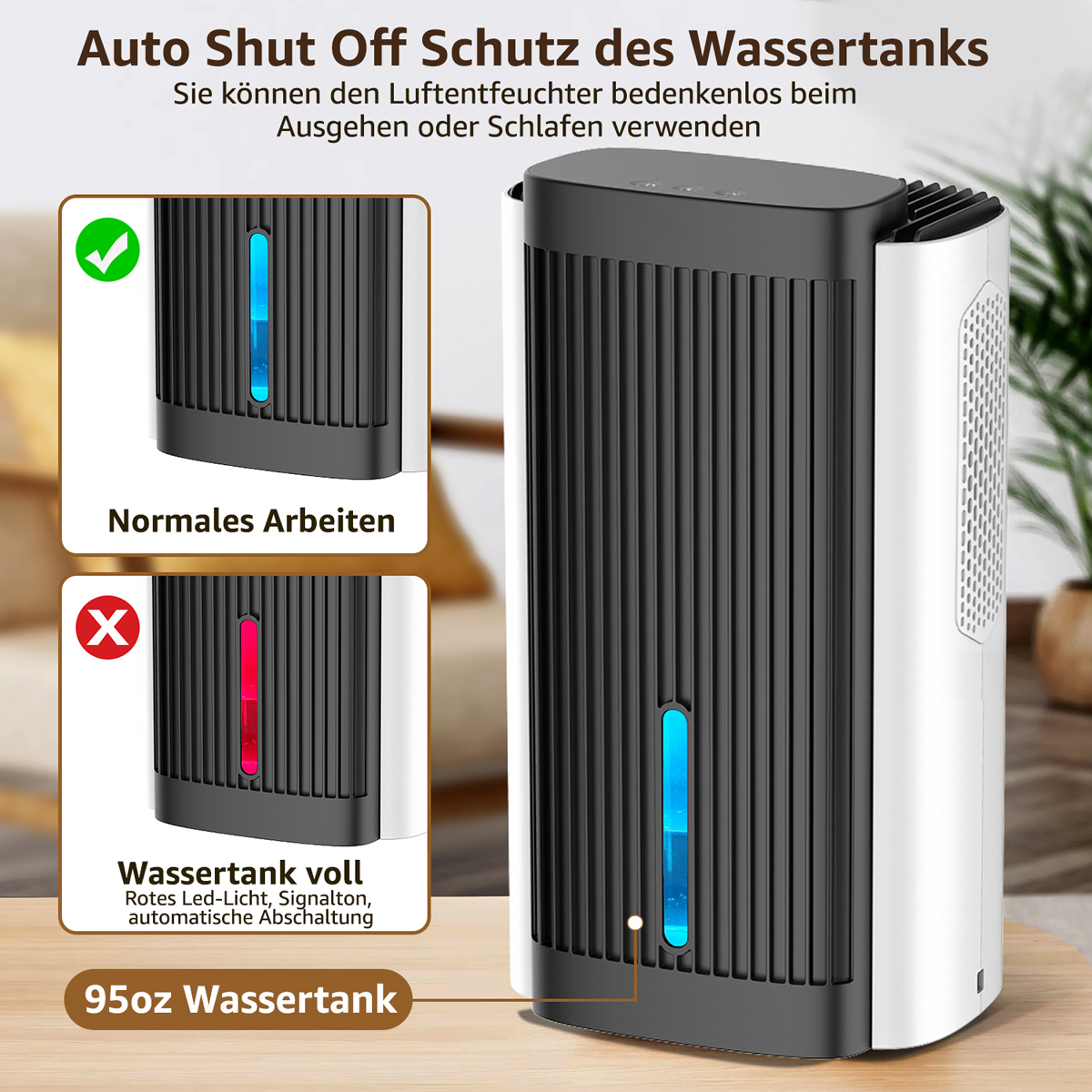 Ein Schwarz-Weiß-Luftentfeuchter zeigt den Wasserstand mit deutschem Text. Grüner Haken, rotes X sind gezeigt.