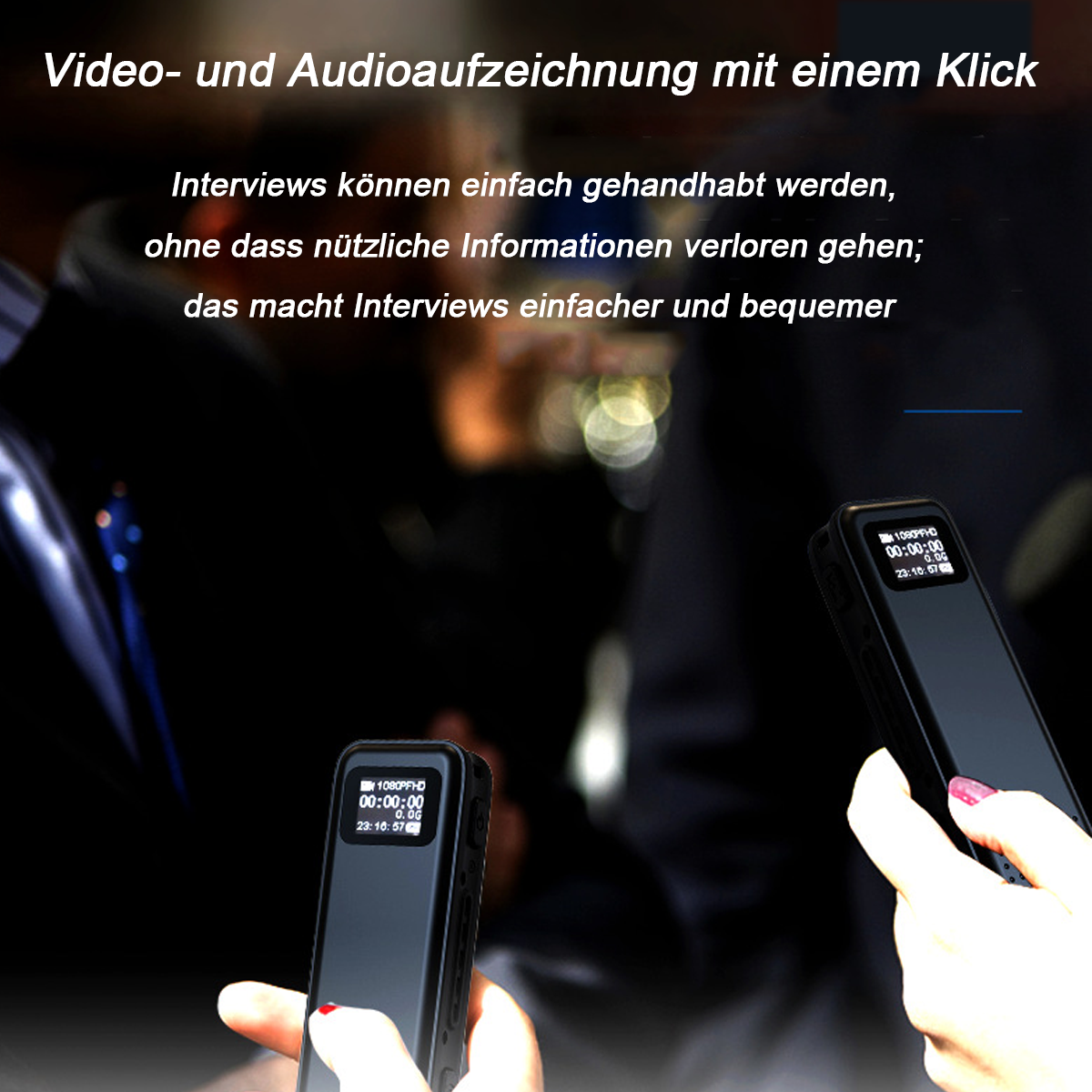 Zwei schwarze digitale Sprachrekorder mit Text. Einer zeigt die Zeitanzeige. Schwarzer Hintergrund.