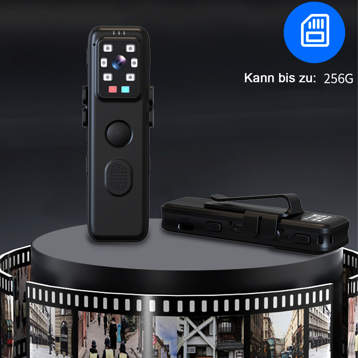 Schwarze rechteckige Kamera mit mehreren Linsen und Knöpfen. Sie steht auf einer zylindrischen Plattform.