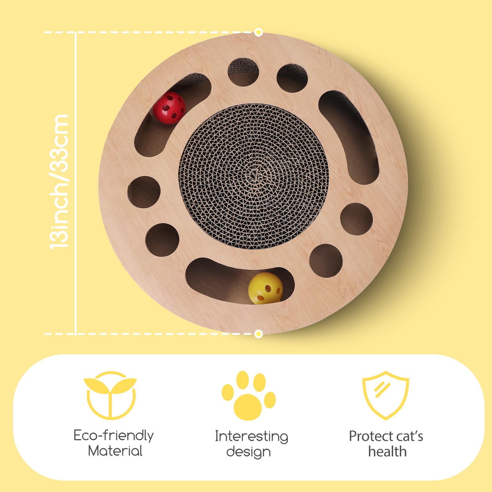 Juguete para gatos con base de madera. Dos bolas dentro y varios agujeros. Diseño ecológico indicado.