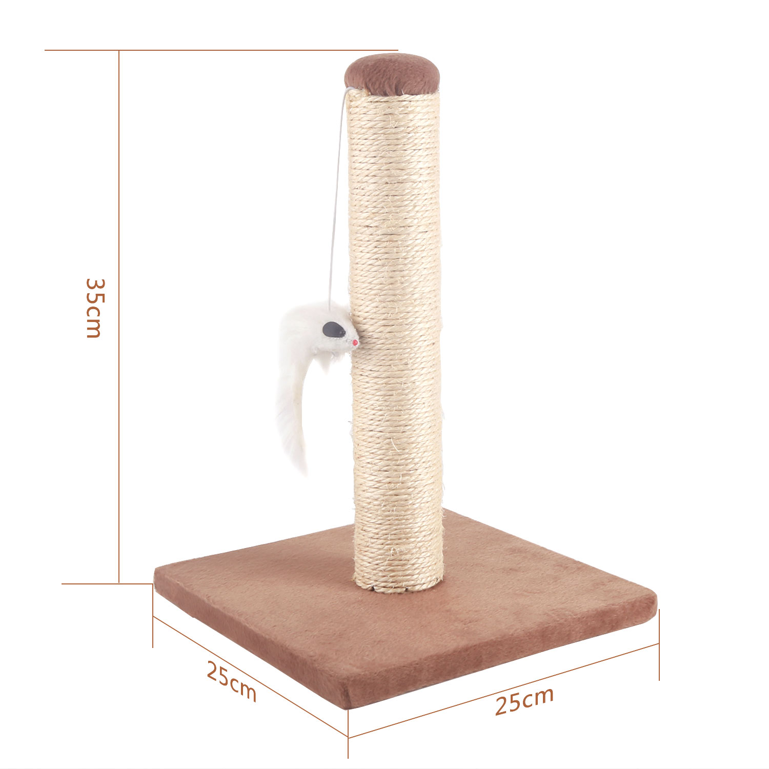 Un rascador para gatos con base marrón y columna beige. Un juguete de ratón blanco cuelga de arriba.