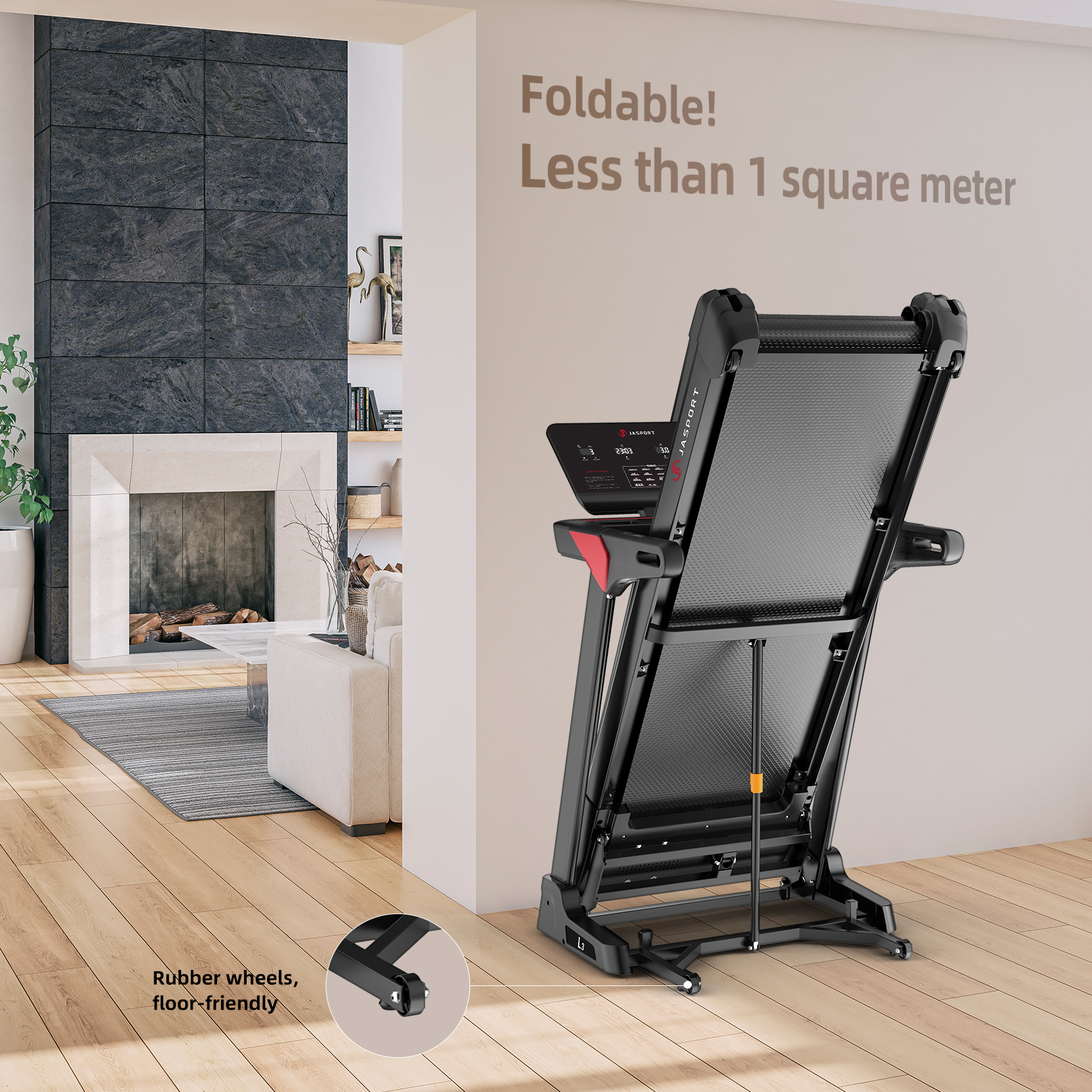 Faltbares Laufband, das an einer Wand lehnt, mit dem Text 'Faltbar! Weniger als 1 Quadratmeter'.