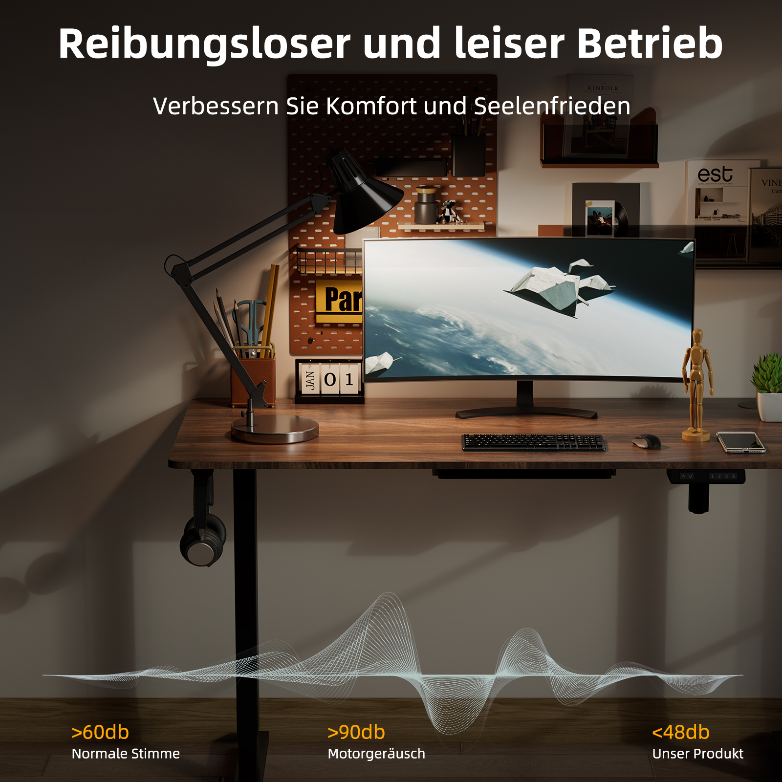 Holzschreibtisch mit Monitor, Lampe und Text über Geräuschpegel. Hintergrund: Regale.