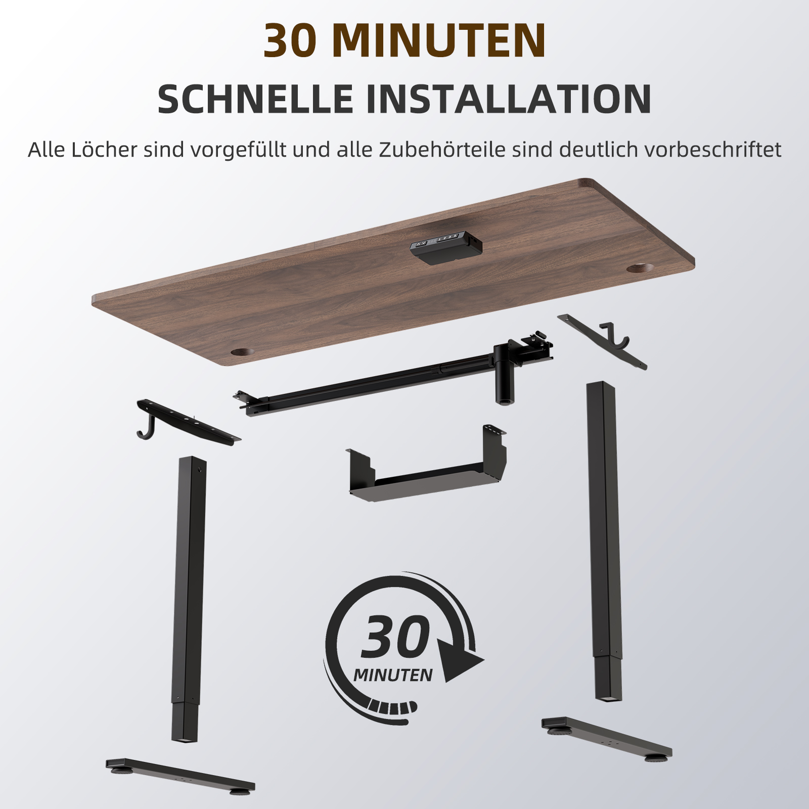 Zerlegter Schreibtisch mit Text, der eine schnelle 30-Minuten-Installation bewirbt, mit schwarzen Komponenten.