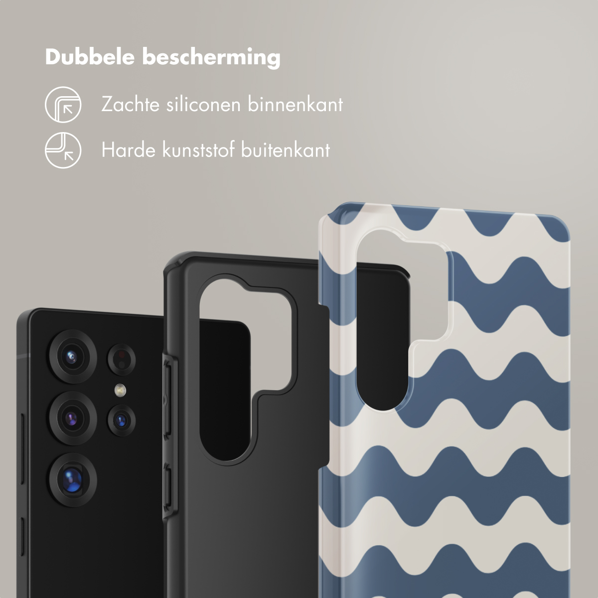 Drie telefoonhoesjes: zwart, grijs en blauw met golfpatroon, dubbele bescherming.
