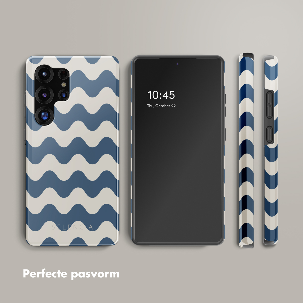 Een telefoon in een hoesje met een golvend blauw patroon, een telefoon met een scherm.