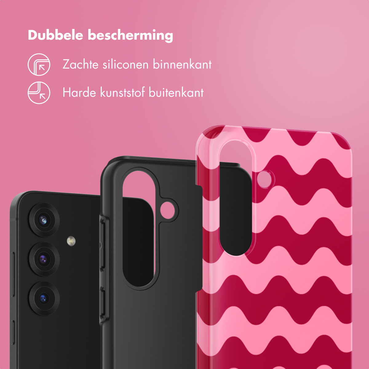 Drie telefoonhoesjes: zwart, zwart met roze golf, en roze golf.