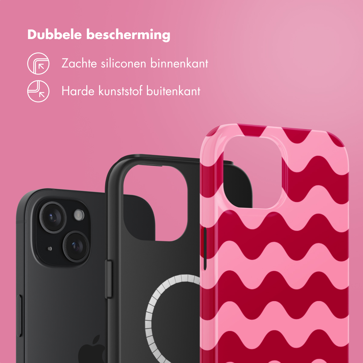 Three phone cases: black, black with white circle, and pink with wavy pattern, on pink background.