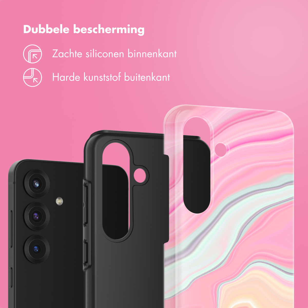 Trois coques de téléphone. Une marine, une noire et une avec un motif marbre rose.