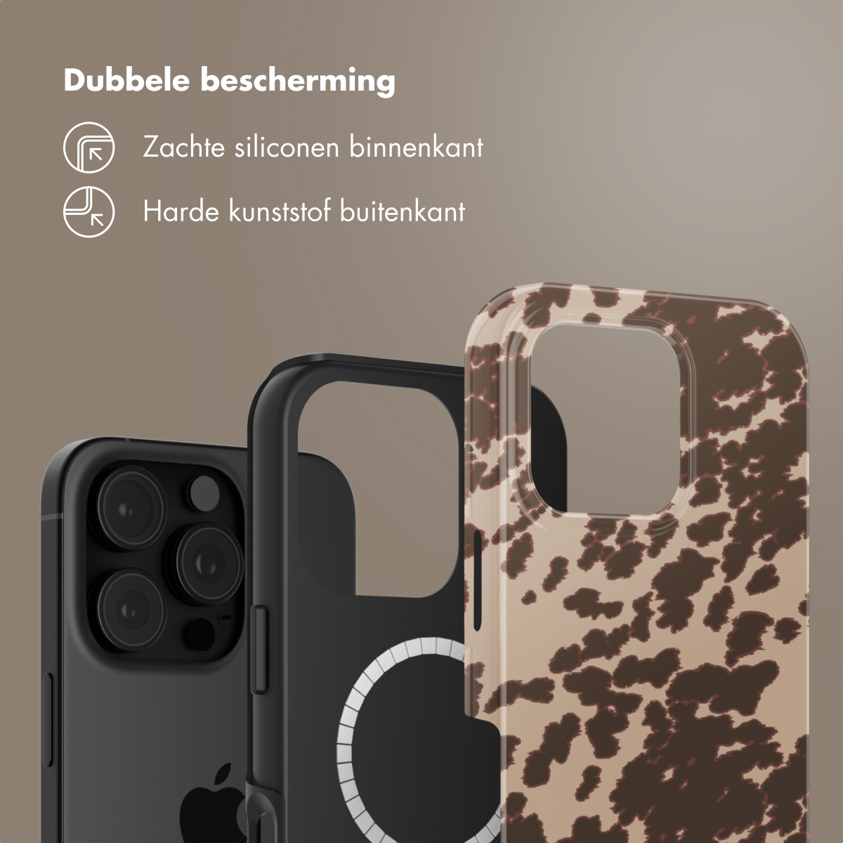 Drie telefoonhoesjes. Links zwart, midden zwart met witte cirkel, rechts bruine koeienprint.