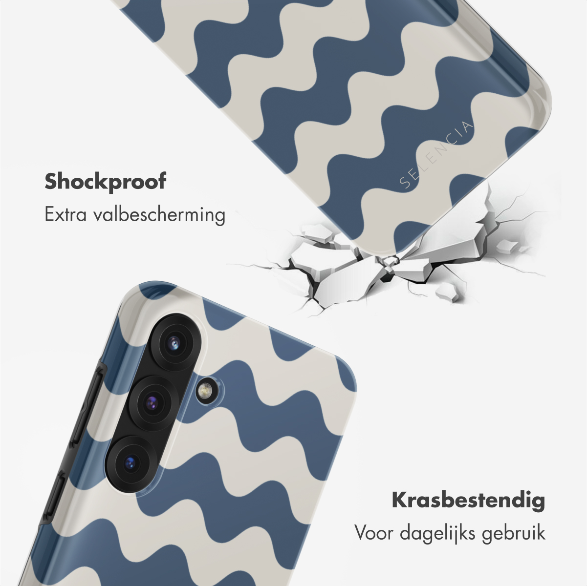 Telefoon met golfpatroon hoesje, gebroken glaseffect.