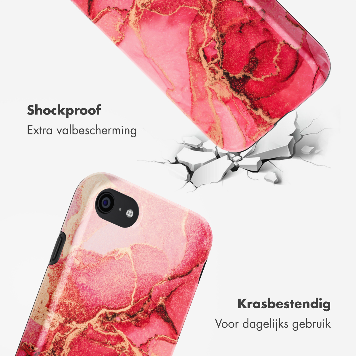 Telefoonhoesjes met rood marmerpatroon, één kapot. Tekst luidt 'Shockproof' en 'Krasbestendig'.