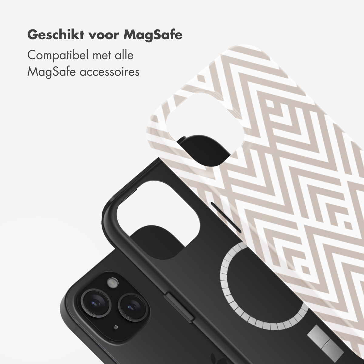 Black and white phone cases, one on top of another. Text at the top states 'Suitable for MagSafe'.