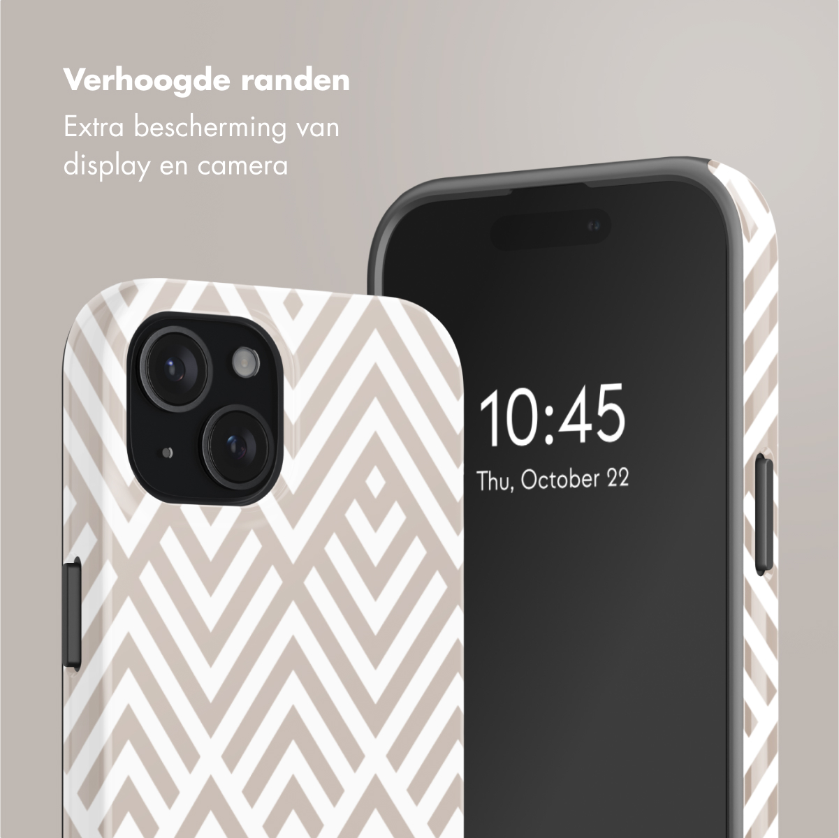 Two phones with phone cases. The left has a geometric pattern. The right shows the time: 10:45.