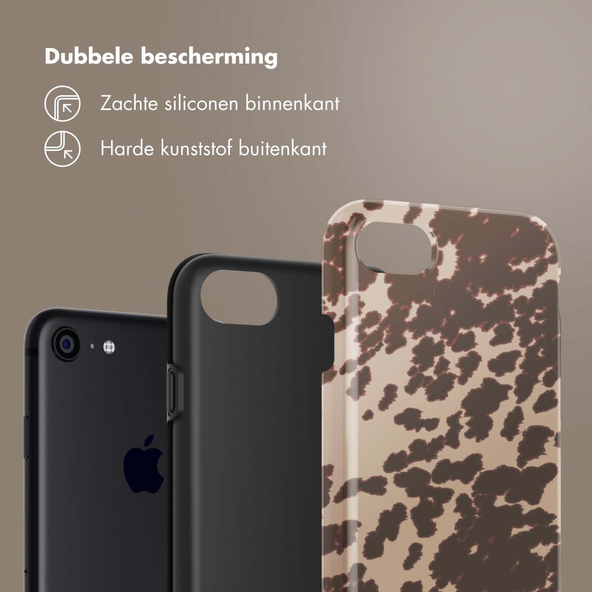 Drie telefoonhoesjes: zwart, effen zwart en koeienprint. Tekst: dubbele bescherming, zachte binnenkant van siliconen, harde buitenkant van kunststof.