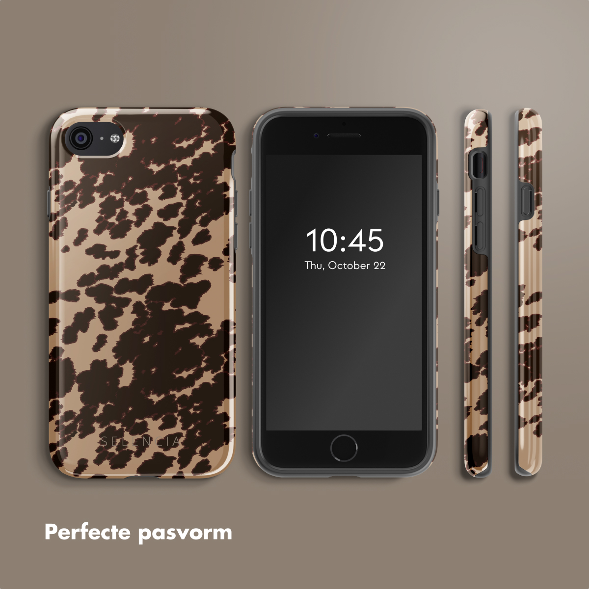 Telefoonhoesje met bruine dierenprint, telefoon met datum en tijd. Zijaanzichten van de hoes.