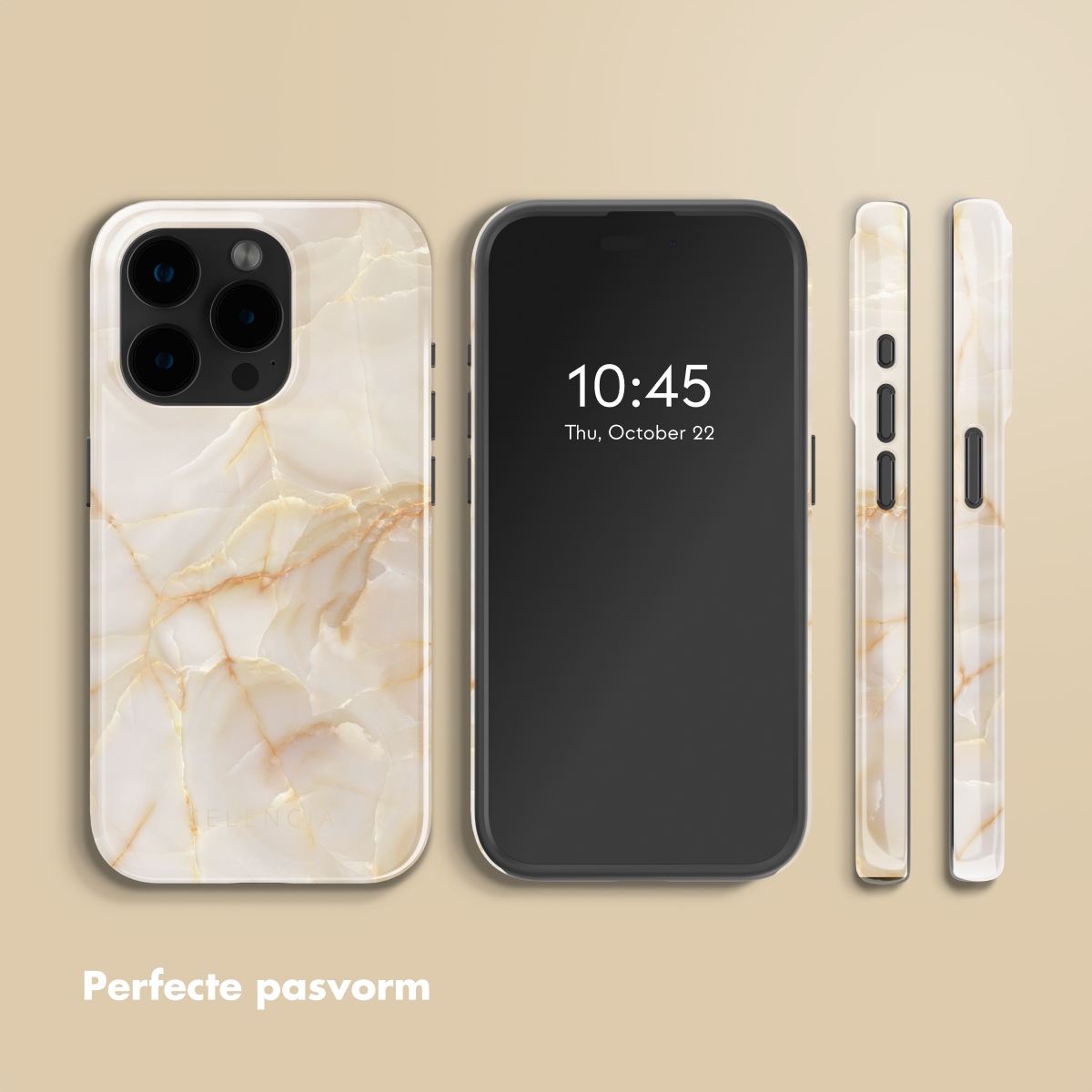 Un telefono con una custodia a motivi marmorei, mostrato da più angolazioni. Lo sfondo è beige chiaro.