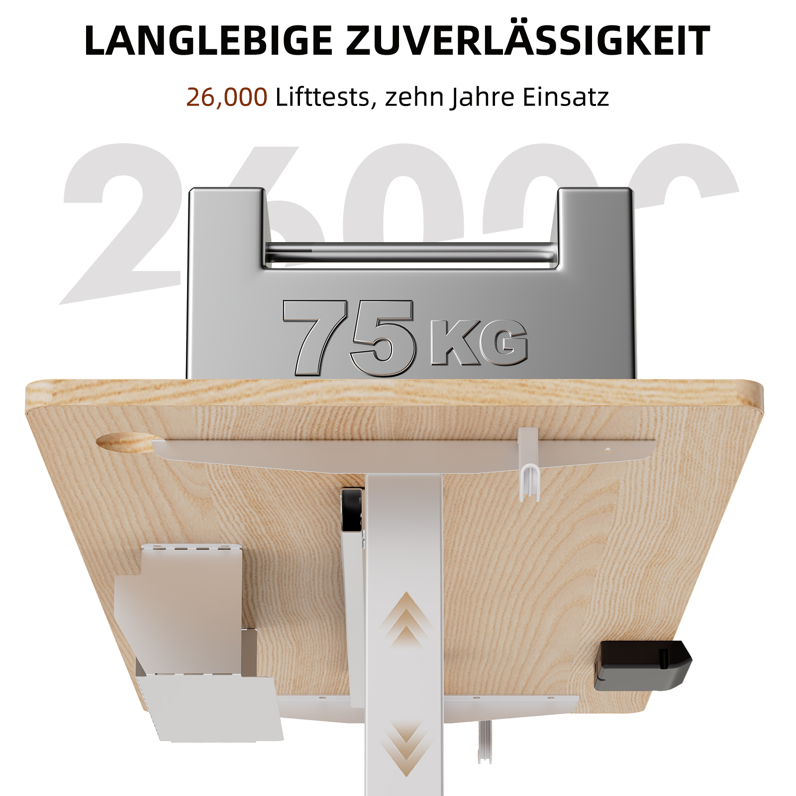 Ein Holzschreibtisch mit einem silbernen Gewicht darauf. Text über Haltbarkeit ist sichtbar.