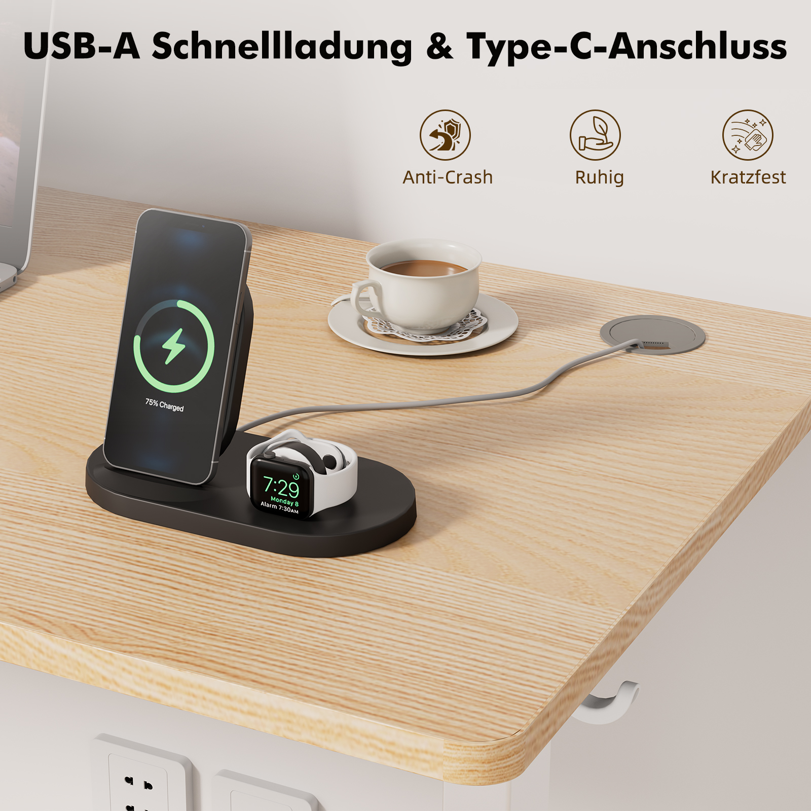 Schreibtisch mit kabellosem Ladegerät, das ein Telefon und eine Uhr lädt. Eine Kaffeetasse und Funktionssymbole sind sichtbar.