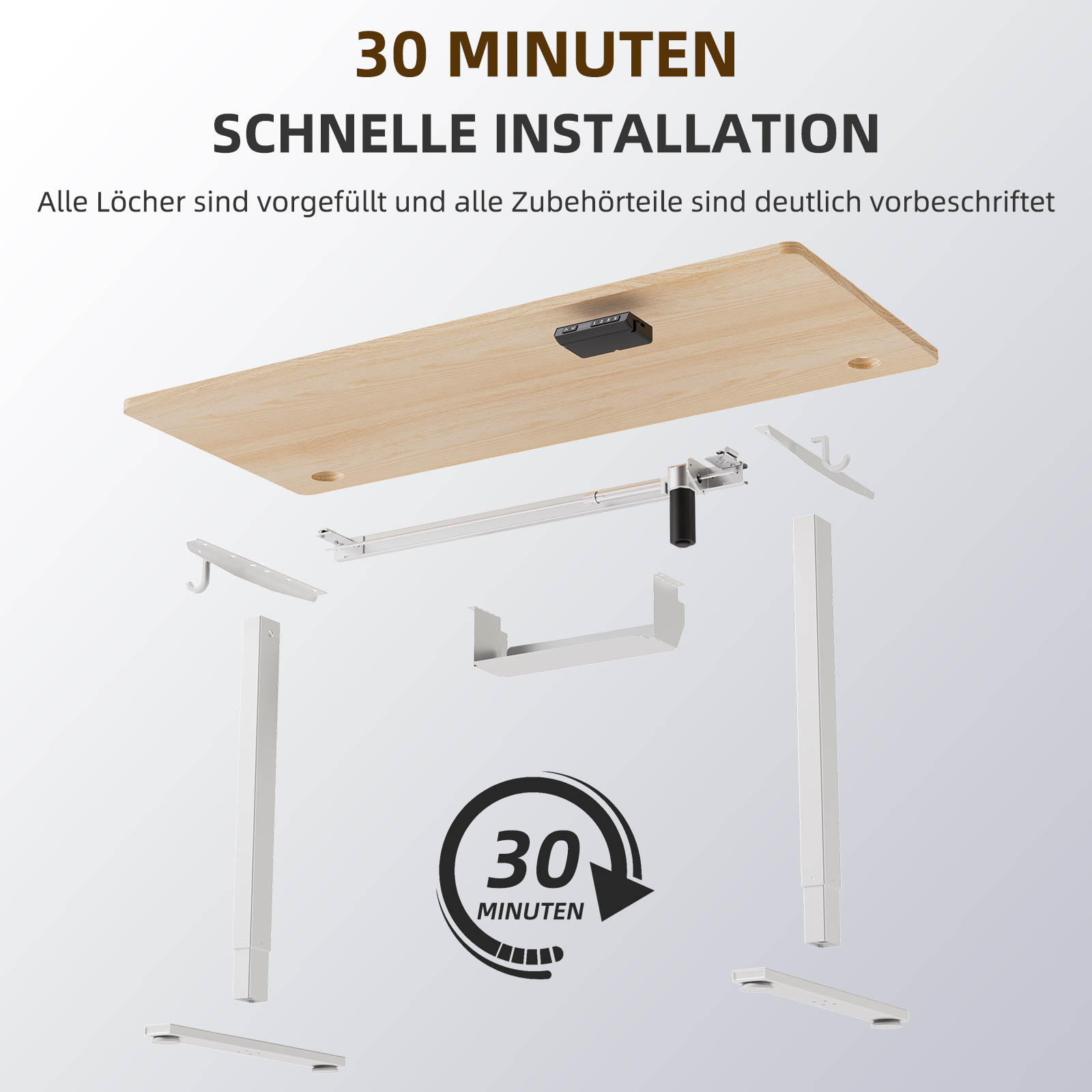 Explosionszeichnung eines Schreibtischaufbaus mit Holzplatte, Metallbeinen und verschiedenen Komponenten.