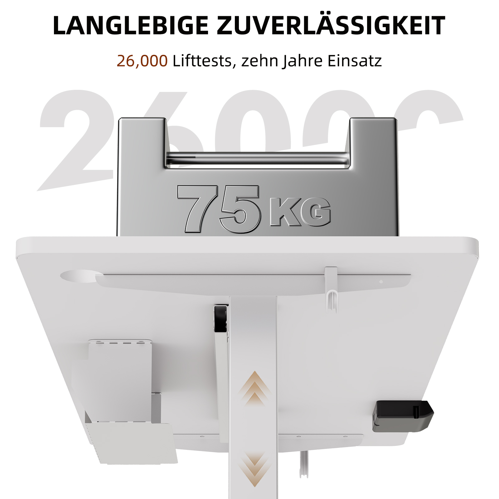 Weißer Schreibtisch mit einem Gewicht von 75 kg. Der Text lautet 26.000 Lifttests.