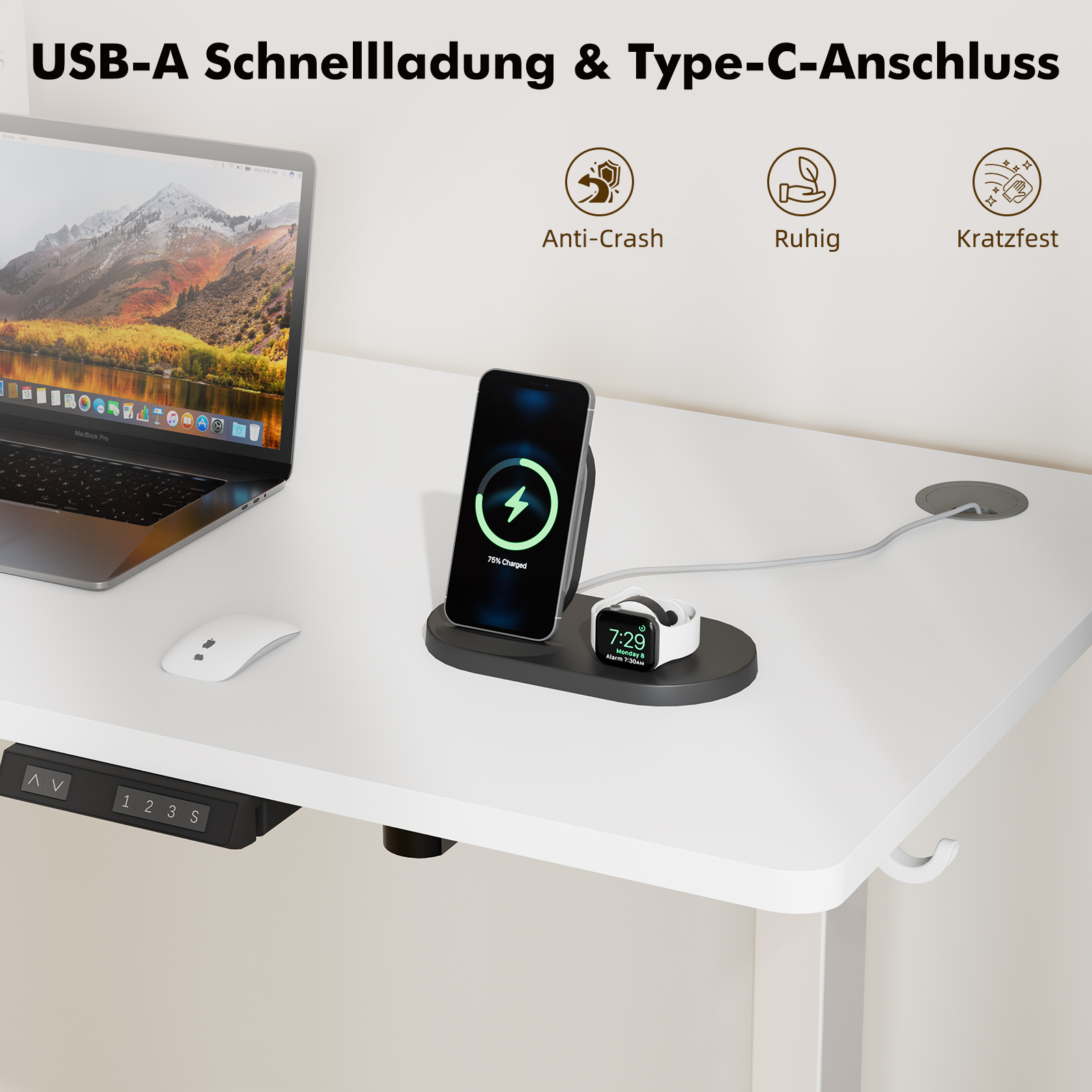Weißer Schreibtisch mit Laptop, kabelloses Ladegerät mit Telefon und Uhr. Text: USB-A Schnellladung & Typ-C-Anschluss.