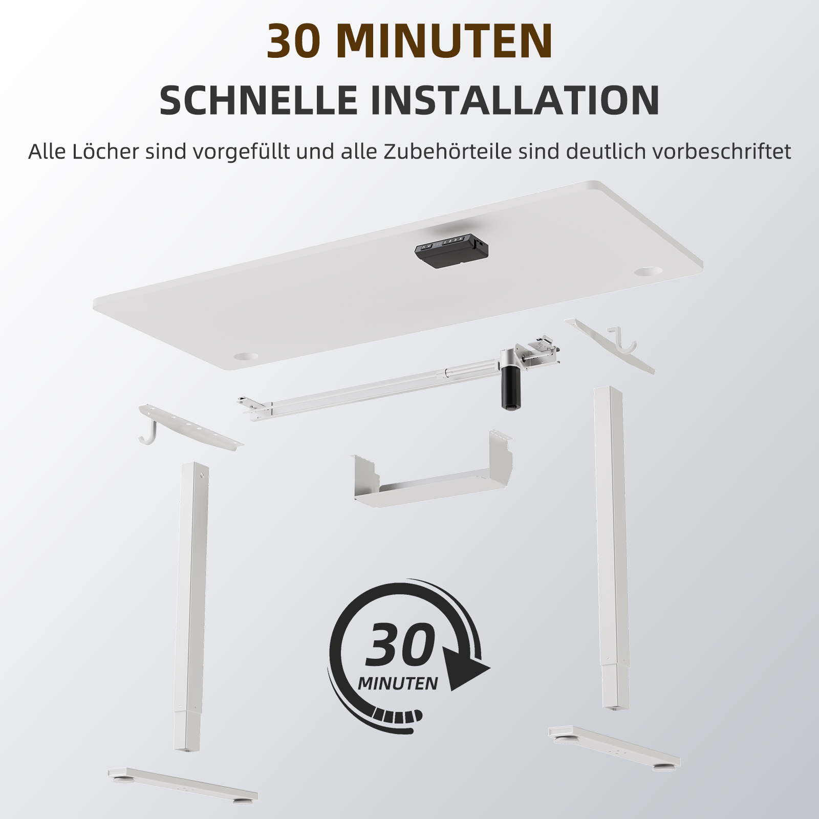 Zerlegter Schreibtisch mit Text, der eine schnelle 30-Minuten-Installation bewirbt, mit weißen Komponenten.