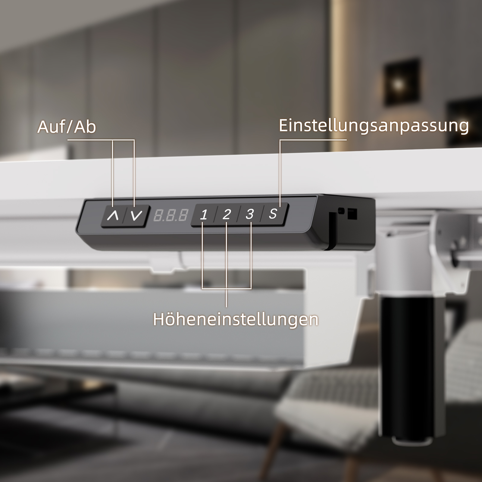 Schreibtisch-Bedienfeld mit Tasten zur Höhenverstellung. Beschriftet mit Auf/Ab (Hoch/Runter) und Höheneinstellungen.